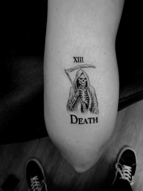 Grim Reaper Tattoo Fineline, Small Grim Reaper Tattoo Simple, Fine Line Grim Reaper Tattoo, Grim Reaper Small Tattoo, Faceless Grim Reaper Tattoo, Woman Grim Reaper Tattoo, Small Reaper Tattoo, Boogieman Tattoo, Dont Fear The Reaper Tattoo