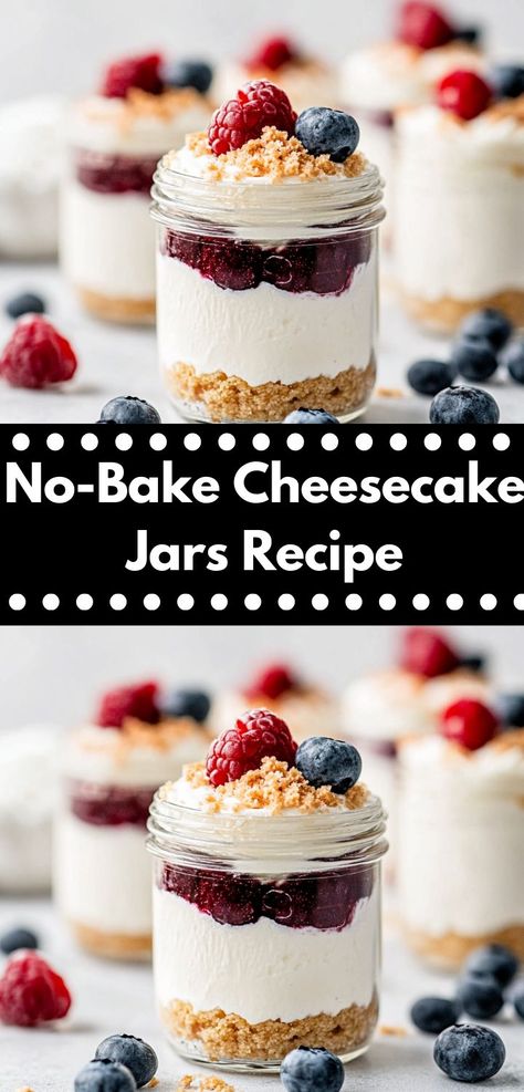 Searching for a unique dessert for your next gathering? These No-Bake Cheesecake Jars offer a delightful twist on traditional cheesecake, making them an impressive yet easy choice for parties and celebrations. Jelly Jar Desserts, Mountain Snacks, Cheesecake In A Jar Recipe, Jar Cheesecake, Traditional Cheesecake, Cheesecake Parfait, Cheesecake Jars, Easy Impressive Dessert, Jar Desserts