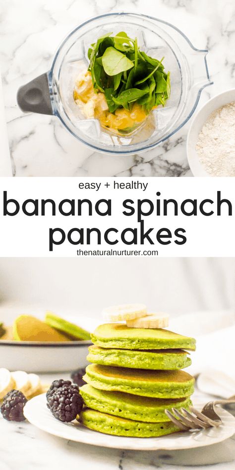 These banana spinach pancakes are a delicious, easy and healthy breakfast option! Naturally sweetened and loaded with simple nutritious ingredients, these healthy pancakes taste great and are kid-friendly too! Freezer friendly and made in your blender! #healthypancakes #healthybreakfast #toddlerfood #kidfood #toddlerbreakfast #kidbreakfast Banana Spinach Pancakes, Spinach Pancakes, Easy And Healthy Breakfast, Menu Sarapan Sehat, Dinner Vegetarian, Healthy Pancakes, Resep Diet, Makanan Diet, Pancakes Healthy