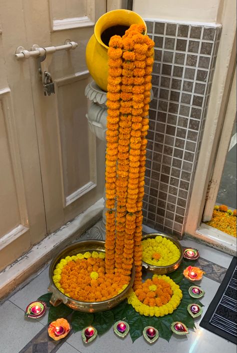 Diwali Home Entrance Decor, Corner Decoration For Diwali, Ashirbad Decoration, House Entrance Flower Decoration, Diwali Decorations At Home Diy Entrance, Diwali Corner Decorations At Home, Flower Decorations For Home Indian Pooja, Diwali Entrance Decor, Diwali Corner Decoration