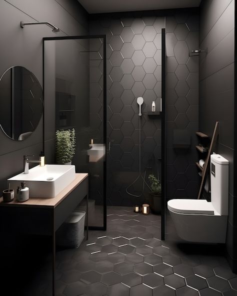 Dark Tiled Bathrooms Ideas, Black Tiles Bathroom Floor, Gray Modern Bathroom Ideas, Black Large Tile Bathroom, Black And White Ensuite Bathroom, Black White And Grey Bathrooms, Dark Tile Walk In Shower, Black Bathroom Shower Ideas, Dark Wall Bathroom Ideas