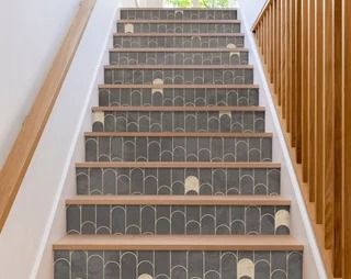 SirFaceGraphics - Etsy Stair Riser Tile, Art Deco Stairs, Painted Stair Risers, Vinyl Stair Risers, Stair Riser Vinyl, Pavilion Grey, Wallpaper Stairs, Gray Stairs, Vinyl Stairs