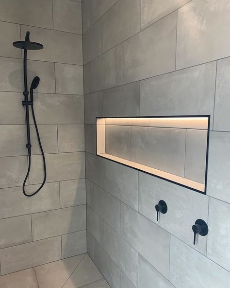 Allchin Builders on Instagram: “Did you know shower niches are a standard inclusion in all of our homes?  Here is one of our faves with LED strip lighting added to make it…” Bathroom Strip Lighting, Led Strip Lighting Ideas Bathroom, Niche Lighting Ideas, Led Strip Bathroom, Niche In Shower, Bathroom Niche Design, Shower Niche Tile Ideas, Led Strip Lighting Ideas, Adu Bathroom