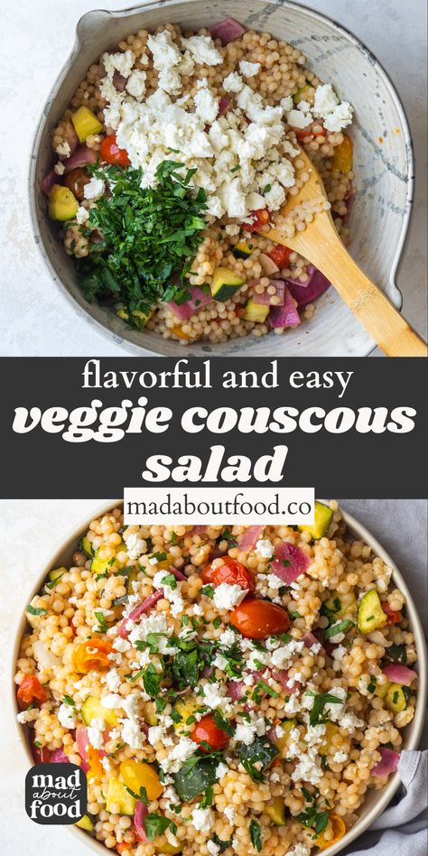 Add some extra flavor to your typical side dish with this Vegetable Couscous Salad recipe. Roast veggies and mix them with pearl couscous, feta and fresh herbs. Veggie Couscous, Vegetable Couscous Salad, Roast Veggies, Couscous Salad Recipes, Vegetable Couscous, Pearl Couscous, Cook More, Easy Veggie, Couscous Salad