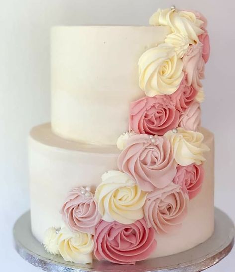 2 Tier Cake With Rosettes, 2 Tier Cakes With Flowers, 2 Tier Floral Cake Birthday, Simple 2 Tier Cake Designs, Two Tier Birthday Cake For Women, Rosette Cake 2 Tier, Two Tier Cake Designs Simple, Pink Cake 2 Tier, Birthday Cake Ideas Two Tier