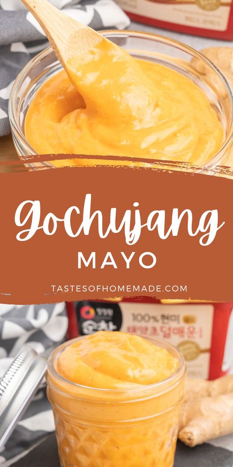 Gochujang mayo is a creamy, mildly spicy condiment that is great as a spread, dip or sauce. Made with mayonnaise and gochujang paste, it has a slightly spicy flavour which is complimented by adding ginger, garlic and sesame oil. It is delicious on sandwiches and burgers, as a dip for appetizers, or drizzled on Korean bulgogi bowls and other dishes. It comes together in just 5 minutes and will keep in the refrigerator for up to two weeks. Gochujang Mayo Recipe, Korean Mayo, Gochujang Mayo, Korean Burger, Gochujang Paste, Sauce Burger, Korean Bulgogi, Homemade Bbq Sauce Recipe, Gochujang Sauce