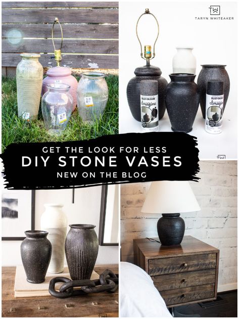 DIY Stone Vases - Taryn Whiteaker Vase Upcycle, Stone Spray Paint, Stone Vases, Spray Paint Vases, Textured Spray Paint, Diy Spray Paint, Stone Lamp, Texture Spray, Lamp Makeover