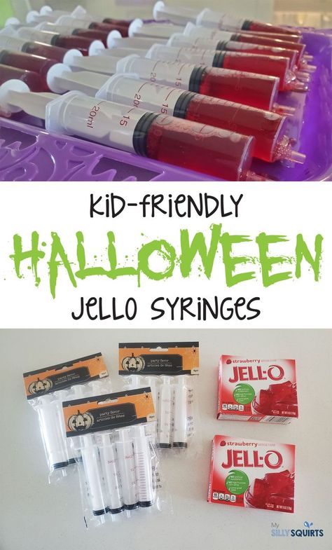 It's Halloween time! So, here's how to make the easiest Halloween party treat or appetizer. These kid-friendly Jello syringes are non-alcoholic and perfect for kids and adults alike. They are litterally jello shots, haha! Pair them on any Halloween table setting or put them on display at your Halloween buffet table. jello snacks | Halloween appetizers | party favors | Halloween kids snacks | spooky treats Halloween Kids Snacks, Jello Snacks, Syringe Jello Shots, Easy Halloween Party Treats, Halloween Buffet Table, Party Snack Table, Halloween Jello Shots, Halloween Jello, Halloween Shots