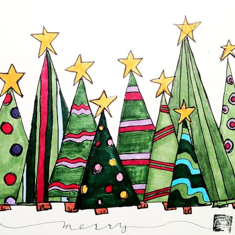 merry! Xmas Tree Drawing, Zentangle Christmas, Painted Christmas Cards, Whimsical Christmas Trees, Christmas Tree Art, Christmas Doodles, Christmas Rock, Christmas Card Art, Watercolor Christmas Cards