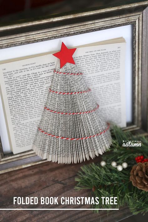 Learn how to make this pretty folded book Christmas tree with an old book from the thrift store. Easy Christmas craft. What To Do With Old Books, Folded Book Christmas Tree, Free Book Folding Patterns, Book Christmas Tree, Old Book Crafts, Cute Christmas Decorations, Christmas Scented Candles, Book Tree, Folding Origami