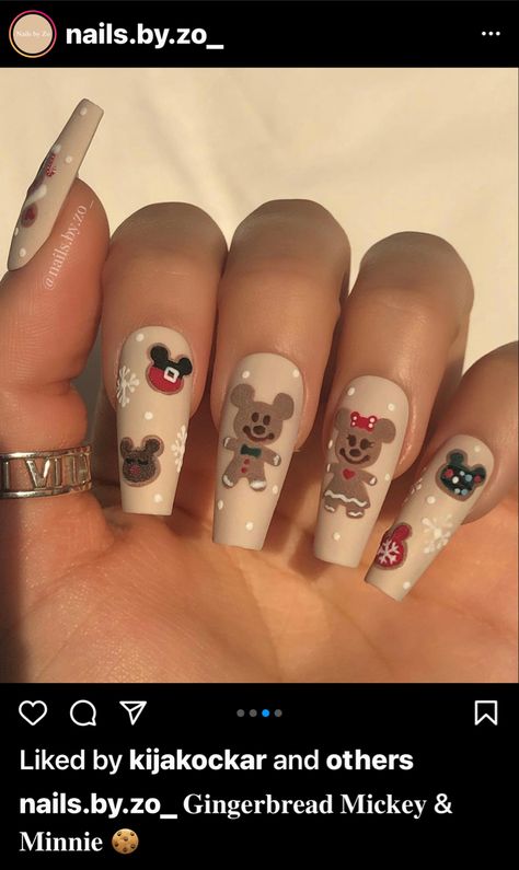 Mickey Gingerbread Nails, Disney Gingerbread Nails, Mickey Christmas Nails, Mickey Mouse Christmas Nails, Gingerbread Nail Designs, Ravens Nails, Disney Holiday Nails, Christmas Disney Nails, Gingerbread Man Nails