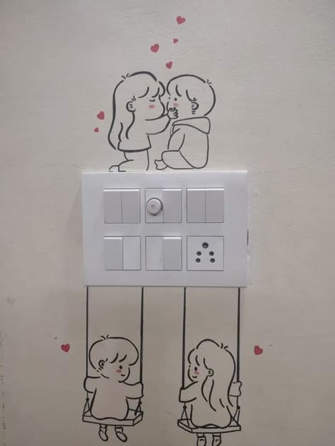 Wall Painting Ideas Creative Cartoon, Bedroom Wall Drawing Ideas, Bedroom Wall Drawing, Switch Board Painting Wall Art, Drawing Ideas For Couples, Switch Board Art Ideas, Switchboard Painting, Switch Board Painting, Preppy Teen Bedroom