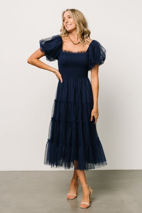 Dress to Impress: Trendy Date Night Outfits, Evening Dresses, and Hot Pink Nails with New Balance and Hello Kitty! Midi Tulle Dress, Blue Wedding Guest Dresses, Midi Dress Navy, Tulle Midi Dress, Tulle Material, Tiered Midi Skirt, Baltic Born, Prom Dresses Modest, Aesthetic Stuff