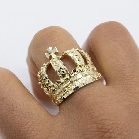 "Diamond-Cut Nugget Crown Ring Solid 10K Yellow Gold All Sizes * Metal : Real 10K Yellow Gold (Properly Stamped, 10K)  * Condition : Brand New  * Finish : Polished  * Average Weight : Size 10: 6.48 grams  * Length : Selectable  * Width : 22mm x 22mm = 7/8\" x 7/8\"  * Clasp/Bail : Can be resized down or up at your local jeweler. All of our items are brand new and are shipped with a gift box." Mexican Wedding Rings, Crown Gold Ring, Gold Nugget Jewelry, Custom Gold Jewelry, Gold Nugget Ring, Xoxo Jewelry, Streetwear Jewelry, Gold Grillz, Gold Rings Jewelry