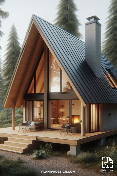 Experience serenity in our A-frame cabin, a canvas where nature paints panoramic views. This design showcases the beauty of picturesque glazing, framing the landscape as a work of art. Dive into the cozy interiors and envision a life immersed in nature's serene embrace. 🌿✨ #AFrameSerenity #NatureCanvas #CabinViews Small Rustic House, Small House Design Architecture, Building A Small House, Mountain Dream Homes, Cabin Style Homes, A Frame Cabin Plans, Farmhouse Architecture, Chalet Design, Cozy Interiors