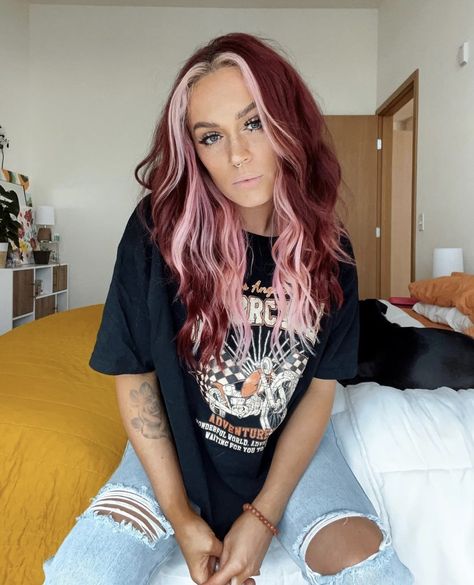 Red And Pink Underneath Hair, Burgundy Hair With Blonde Underneath, Reddish Pink Highlights, Red And Pink Halo Hair, Wine And Pink Hair, Pink Money Piece Red Hair, Red Hair Color Block, Vivid Hair Color Balayage, Cherry Red With Pink Money Piece