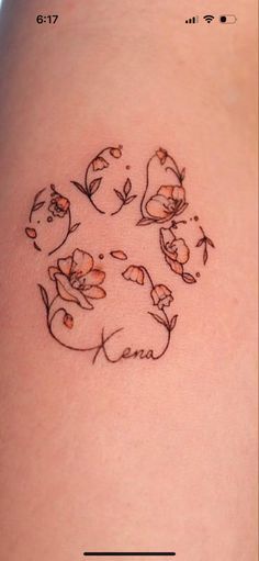 Cute Tattoos For Your Dog, Lily Dog Tattoo, Dog Paw Print With Roses Tattoo, Floral Dog Tattoo Design, Memorable Dog Tattoos, Tattoos In Memory Of Cat, Gsd Tattoo Simple, Simple Tattoos For Dogs That Passed, Dog Ear Tattoo With Flowers