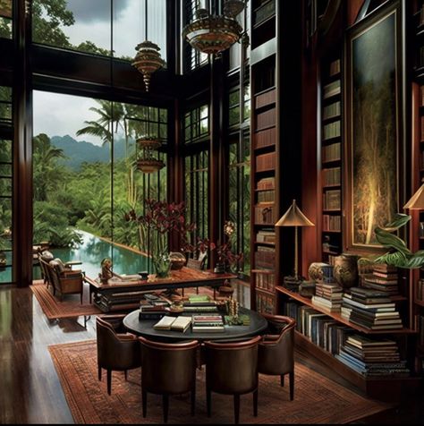 Dark Modern Library, Biophilic Kitchen, Brazilian Jungle, Jim Thompson House, Moorish Architecture, Warehouse Home, Sims Houses, Beautiful Interior Design, Decoration Inspiration