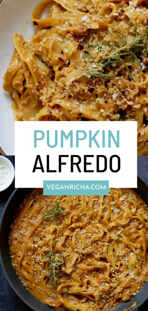 Creamy pumpkin alfredo with a crunchy, rosemary breadcrumb topping is a cozy, fall dinner. The pasta and sauce all come together in a single pot! Rosemary Pasta, Cozy Fall Dinner, Vegan Entree Recipes, Pumpkin Alfredo, Pasta And Sauce, Breadcrumb Topping, Vegan Pasta Dish, Vegan Pumpkin Recipes, Pumpkin Sauce