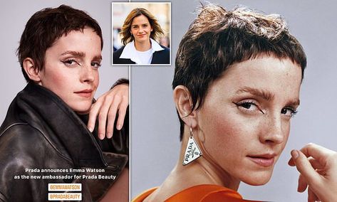 Emma Watson revive her iconic pixie cut to front Prada Beauty campaign Pixie Cut Earrings, Emma Watson Pixie Haircut, Emma Watson Hair Short, Emma Watson Pixie, Emma Watson Short Hair, Celebrity Pixie Cut, Prada Beauty, Emma Watson Hair, Beauty Campaign