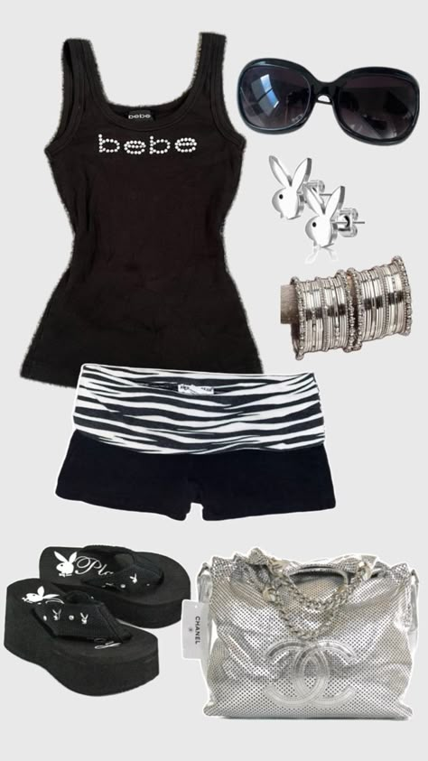 Collage, flatlay, y2k, 2000s, outfit, inspo, idea, mcbling #minishorts, tanktop, chanelbag, playboy, black, silver Bebe Clothing, Trashy Outfits, 2000s Outfit, 2000s Outfits, Outfit Inspo Casual, Cute Lazy Day Outfits, 2000s Fashion Outfits, Lazy Day Outfits, Really Cute Outfits