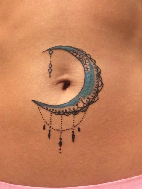 Bohemian moon belly button tattoo. Done by Aaron Favaloro at Skin Graphix. Moon Belly Tattoo, Around Belly Button Tattoo, Under Belly Button Tattoo, Belly Button Tattoos For Women, Belly Tattoo Ideas, Amber Tattoo, Belly Button Tattoos, Belly Button Tattoo, Small Belly