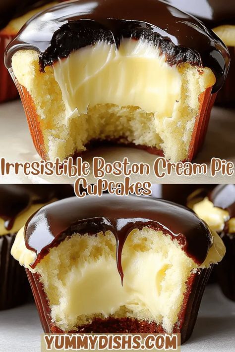 Boston Cream Pie Cupcakes Bavarian Cream Filled Cupcakes, Cupcake Recipes Yellow Cake, Boston Cream Pie Cupcakes Recipe, Boston Creme Filling, Boston Crème Pie Cupcakes, Boston Cream Recipes, Boston Cream Cupcakes Easy, Yellow Cupcakes Ideas, Boston Cream Cupcakes Recipe