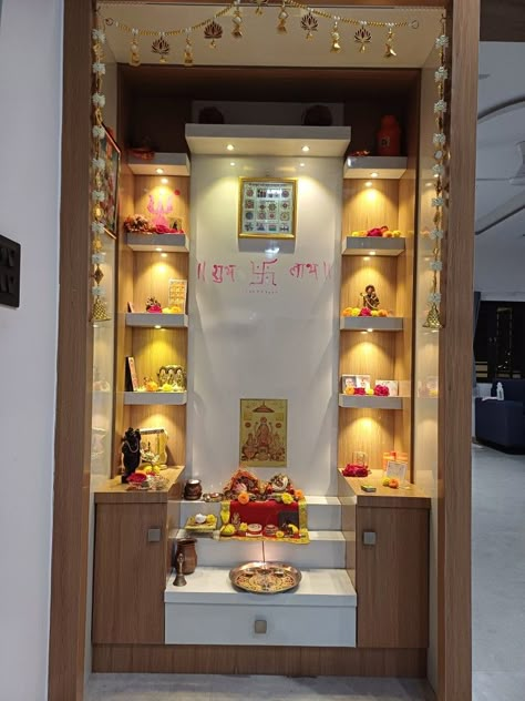 Indian Pooja Room Door Designs, Indian Home Temple Design, Small Pooja Unit In Living Room, Pooja Room Cupboard Designs, Latest Temple Design For Home, Small Pooja Room In Living Room, Small Puja Room Ideas, Small Puja Unit Design, Indian Temple Ideas For Home