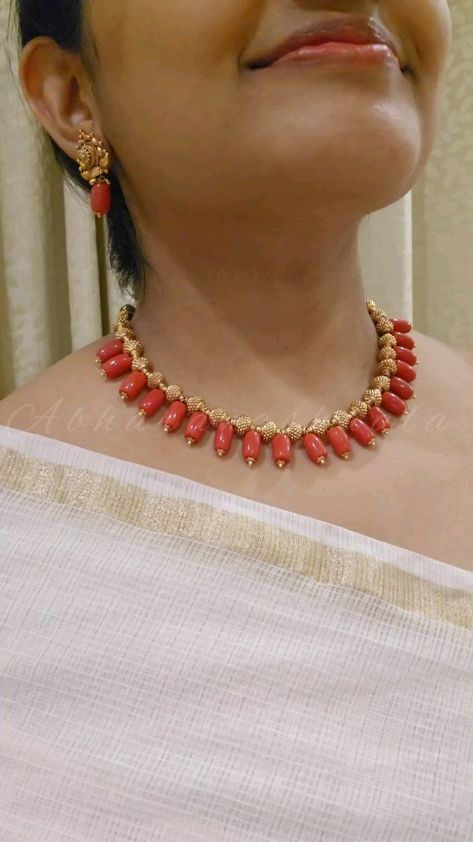 Coral Beads Imitation Necklace From 'Abharanashaala' • South India Jewels Coral Necklace Indian Gold Short, Coral Beads Jewellery Indian Gold, Coral Beads Necklace Kameswari Jewellers, Traditional Coral Necklace With Colorful Beads, Coral Beads Jewellery, Traditional Coral Necklace With Gemstone Beads, Antique Haram, Gems Necklace, Baby Jewellery