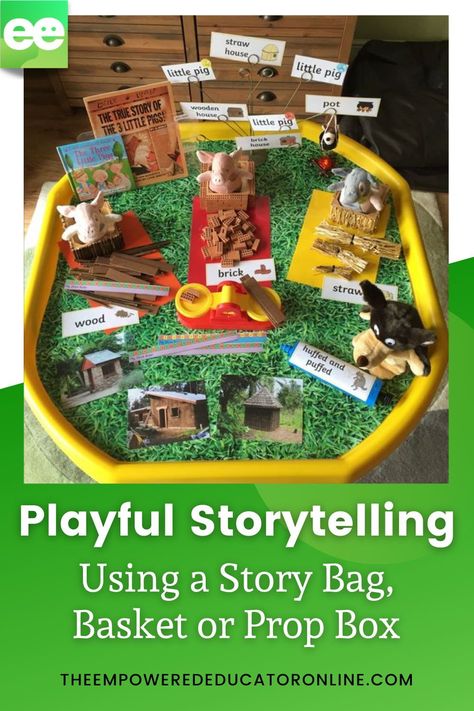 Storytelling with props for children - Find out how to make storytelling a more playful and interactive experience for children by setting up and using a story bag, basket or prop box like these! | The Empowered Educator Goldilocks Tuff Tray Ideas, Fairytale Tuff Tray, Houses And Homes Eyfs Activities, 3 Little Pigs Eyfs, Three Little Pigs Eyfs, Three Little Pigs Activities Preschool, 3 Little Pigs Activities, Storytelling Ideas, 3 Pigs