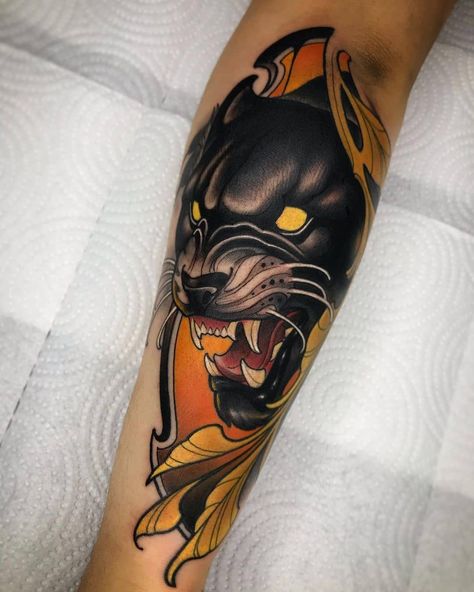 Neo Trad Panther, Neo Traditional Panther Tattoo, Japanese Panther Tattoo, Trad Panther Tattoo, Panther Head Tattoo, Traditional Tattoo Animals, Traditional Panther Tattoo, Sternum Tattoos, Neo Tattoo