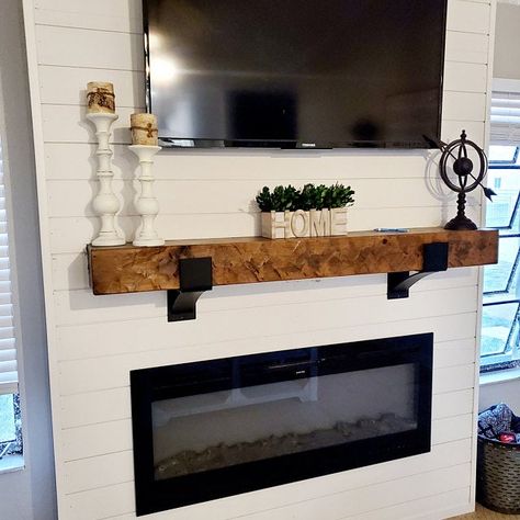 Hollow Fireplace Mantel, Wide Fireplace, Farmhouse Mantle, Farmhouse Mantel, Shelving Brackets, Wood Mantle, Rustic Mantel, Metal Shelf Brackets, Shiplap Fireplace