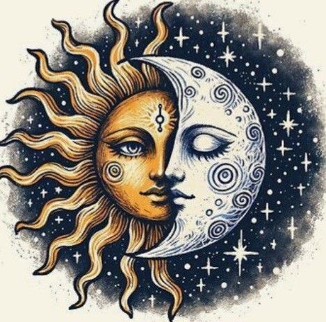 Sun And Moon Face Drawing, Mexican Sun And Moon Tattoo, Celestial Sun And Moon Art, Mexican Sun And Moon, Moon And Sun Drawing, Sun And Moon Kissing, Moon And Sun Painting, Half Sun Half Moon, Sun And Moon Painting