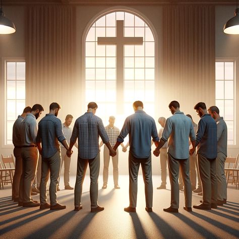 An indoor scene of a prayer breakfast with men standing in a circle, holding hands, with heads bowed in reverence. The room has gentle lighting, a large cross on the wall, and windows showing a peaceful sunrise. The men's faces reflect sincerity and shared spiritual journey, conveying the essence of seeking God's guidance together. Praying In Church, Spiritual Men, Church Prayers, Peaceful Sunrise, Gentle Lighting, Men Standing, Prayer Breakfast, Church Fellowship, Man Praying