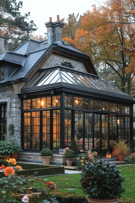 Greenhouse Room Attached To House, Conservatory Attached To House, Backyard Conservatory Ideas, Glass House Cafe Design, Solarium Attached To House, Home Greenhouse Attached, Green House With Fireplace, Glass Green House Aesthetic, Green House Addition To House