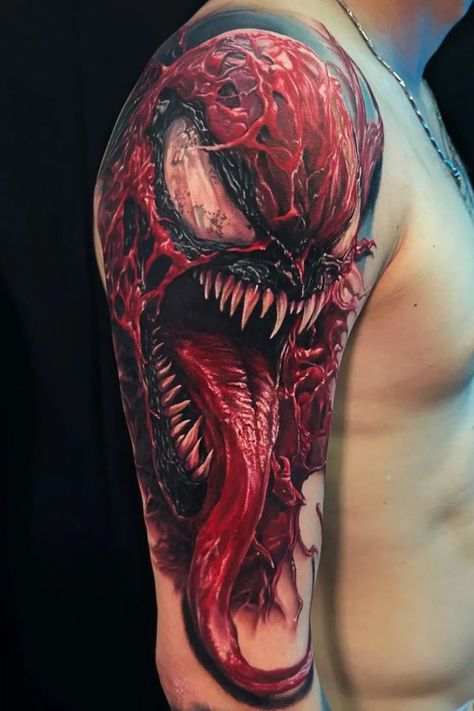 #CarnageArt #SymbioteCarnage #CarnageInk #MaximumCarnage #CarnageCreations #CarnageComic #CarnageIllustration #VenomVsCarnage #CarnageFrenzy Impressive realistic pieces by the super talented @daniel_sholtin! Venom Carnage Tattoo, Venom Tattoo Design, Carnage Tattoo, Batman Tattoo Sleeve, Carnage Art, Forearm Cover Up Tattoos, Colorful Sleeve Tattoos, Absolute Carnage, Venom Tattoo