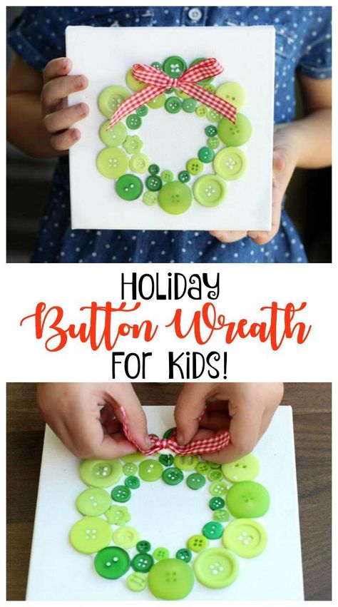 Looking for easy Christmas crafts for kids? How about this darling button wreath wall hanging? Easy to make and so festive to hang up during the holidays! Button Wreath Craft, Christmas Button Crafts, Button Wreath, Button Projects, Kindergarten Christmas, Christmas Classroom Door, Christmas Tree Canvas, Button Ornaments, Fun Projects For Kids