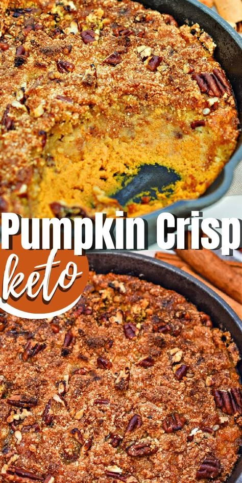 Keto Pumpkin Crisp #ketopumpkincrisp #pumpkincrisp Low Carb Fall Desserts, Pumpkin Crisp Recipe, Crisp Topping, Pumpkin Crisp, Pumpkin Filling, Keto Holiday Recipes, Pecan Topping, Desserts Keto, Keto Casserole