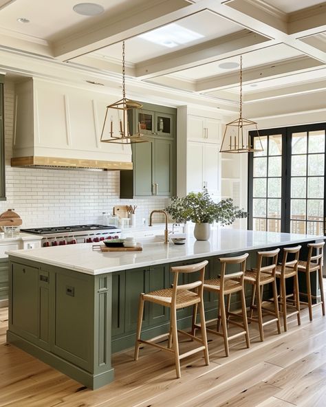 Is it just me, or are these kitchens practically calling you to grab a cup of coffee and stay a while? ☕ From earthy greens to soft blues, these stunning spaces are proof that color can be both calming and classic. Adding brass accents, cozy rugs, and natural textures takes things to the next level—and don’t even get me started on those dreamy islands. ⁣ ⁣ Kitchens like these make every moment feel special, whether you're whipping up dinner or just chatting over a glass of wine. If these look... Emerald Kitchen Island, White Kitchen Green Island, Taupe Kitchen Island, Island Different Color Than Cabinets, Green Kitchen Island White Cabinets, Sage And White Kitchen, Dark Green Kitchen Island, Kitchen With Green Island, Sage Green Kitchen Island