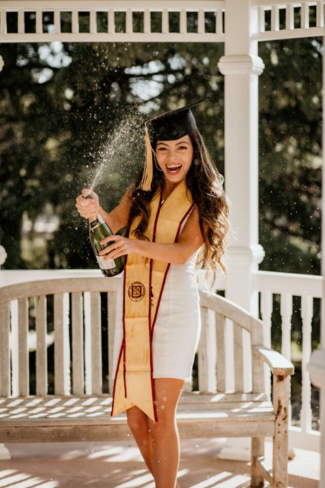 Graduation Pictures With Iphone, Graduation Poses Champagne, Graduation Photoshoot Champagne, Champagne Senior Pictures, College Grad Photoshoot Champagne, Grad Pics Champagne, Graduation Photos Champagne, Champagne Spray Graduation Photo, Graduation Pictures With Champagne