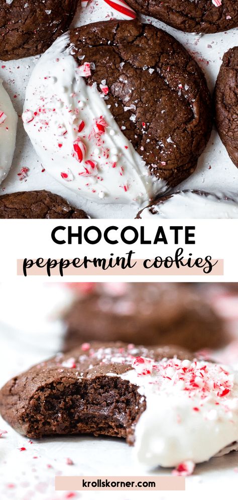 White Chocolate Dipped Peppermint Chocolate Cookies, Peppermint Fudge Cookies, Chocolate And Peppermint Cookies, Chocolate Dipped Peppermint Cookies, White Chocolate Dipped Peppermint Cookie, Candy Cane Chocolate Cookies, Christmas Cookies With Peppermint, Christmas Dessert Peppermint, Triple Chocolate Peppermint Cookies