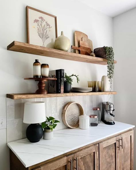 Buffet Floating Shelves, Open Shelf Ideas Living Room, Organic Modern Kitchen Wall Decor, Shelf Decor Coffee Bar, Buffet Shelf Decor, Kitchen Shelf Display Ideas, Large Floating Shelf Decor, Decorating Open Shelves Living Room, Floating Shelves Above Buffet