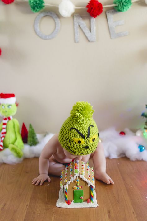 Grinch Christmas Tshirt Ideas Family, Grinch Cake Smash Photos, Grinch 1st Birthday Photoshoot, Grinch Themed Photo Shoot, Grinch First Birthday Photoshoot, The One Who Stole Christmas Birthday, Grinch Themed First Birthday Party, Grinch First Birthday Party Boy, Hes A Mean One Grinch Birthday