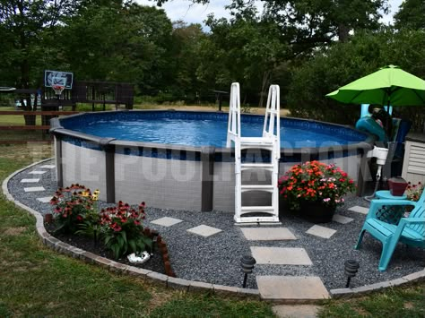 Yards With Above Ground Pools, Backyard Design Layout With Pool On A Budget, Back Yard With Pool Area, Decorate Around Above Ground Pool, Pool Ideas Decoration, Pea Gravel Around Above Ground Pool, Pop Up Pool Ideas Yards, Above Ground Pool Set Up, Pool Ideas Small Backyards