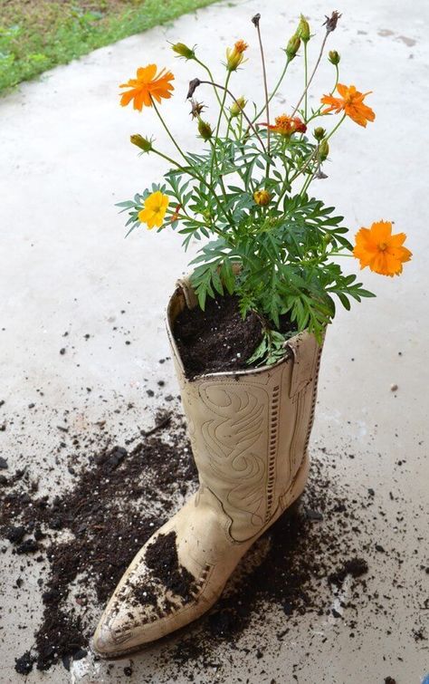 Cowboy Boot Planter, Old Cowboy Boots, Boot Planter, Garden Boots, Left Out, The Porch, Cowboy Boot, The Thing Is, Potting Soil