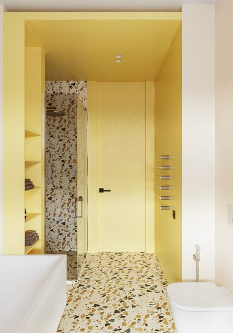 Floors Colors, Light Yellow Walls, Children Beds, Terrazzo Bathroom, Mini Bad, Bathroom Paint Colors, Yellow Interior, Yellow Decor, Yellow Bathrooms