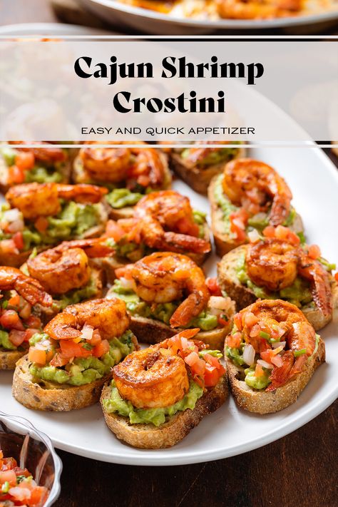 These Cajun Shrimp Crostini bites are an easy crowd pleasing appetizer that comes together in less than 30 minutes. Toasted baguette is topped with guacamole, fresh salsa, and spicy cajun shrimp. These make delicious party finger food or a fun and fancy movie night snack all year round! Shrimp Crostini, Fancy Party Food, Baguette Appetizer, Spicy Cajun Shrimp, Cajun Appetizers, Shrimp Appetizers Easy, Fancy Appetizer Recipes, Party Finger Food, Toasted Baguette