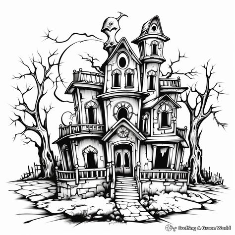 Haunted House Coloring, Haunted House Drawing, Halloween Cemetery, House Coloring Pages, Tattoo 2024, House Quilt Patterns, Kindergarten Coloring Pages, Tattoo Reference, House Colouring Pages