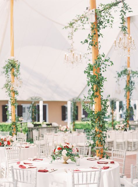 Tent wasn't plan A? Well don't worry about that. Loluma will make sure you vision is kept as much alive as possible. This smilax was the perfect touch for a bride at Thomas Bennett House. Tent Pole Greenery Wedding, Marquee Poles Foliage, Tent Pole Greenery, Smilax Vine, Marquee Wedding Decoration, Wedding Foliage, Marquee Decoration, Sperry Tent, Tent Ideas