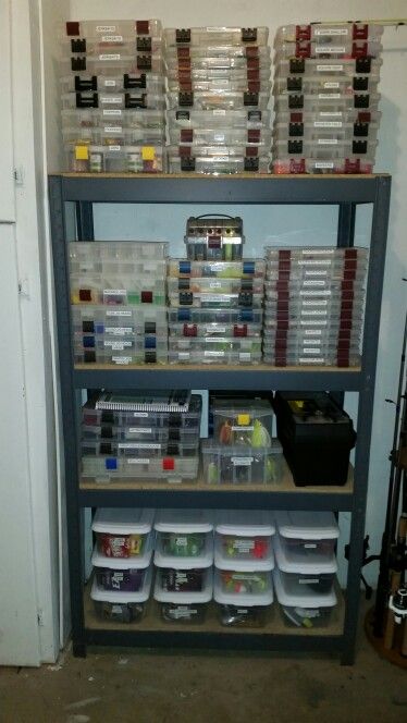 Fishing tackle storage. Fishing Bait Organization, Tackle Box Organization, Fishing Tackle Room, Tackle Organization, Fishing Tackle Organization, Fishing Gear Organization, Fishing Pole Storage, Fishing Organization, Fishing Gear Storage